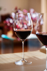 A glass of red wine in a sunlit apartment