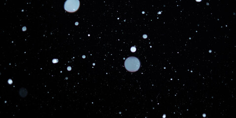 Naklejka na ściany i meble Blurred snowflakes on a dark background. Overlay image for snowfall effect