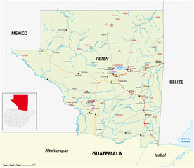 Road map of the Guatemalan state of Peten with the most important Mayan ruins 