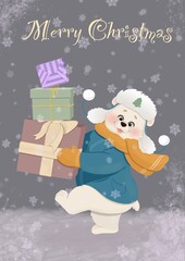 Christmas illustration for card with cute bear and gifts