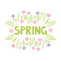 Hand drawn spring lettering text with flowers. Lettering spring season for greeting card, invitation template, poster and banner