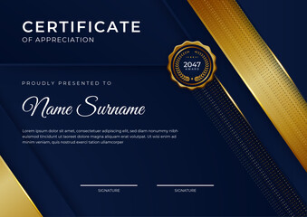 Elegant blue and gold diploma certificate template with gold badge and border
