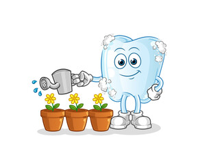 tooth with foam watering the flowers mascot. cartoon vector