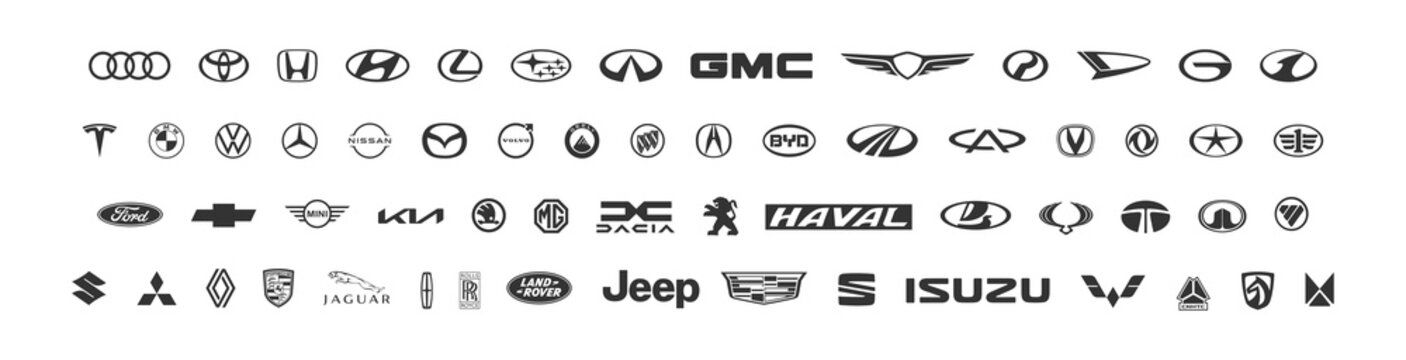 60 popular brands of cars. Set logo of car emblems. Audi, Toyota, Honda, Tesla, BMW, Mercedes, Ford,  Seat, Mitsubishi, Renault. Vector editorial isolated icon. Zdolbuniv, Ukraine - January 26, 2022