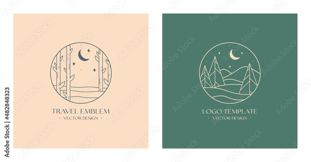 Wall mural vector linear boho emblems with abstract forest and mountains landscape.travel logos with trees,spru