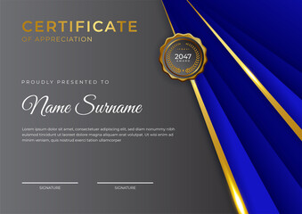 Modern business black white and gold certificate of achievement template with gold badge and border