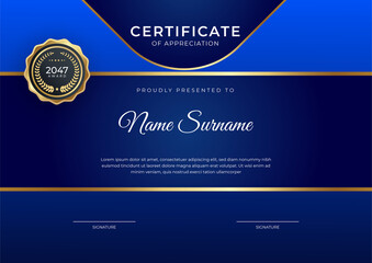 Elegant blue and gold diploma certificate template with gold badge and border