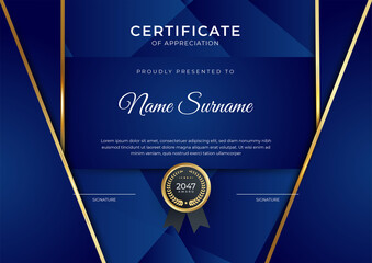 Elegant blue and gold diploma certificate template with gold badge and border
