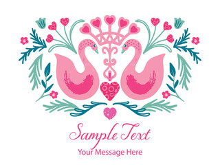 Swan Love Birds with Hearts and Leaves Vector Card Background