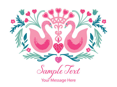 Swan Love Birds with Hearts and Leaves Vector Card Background
