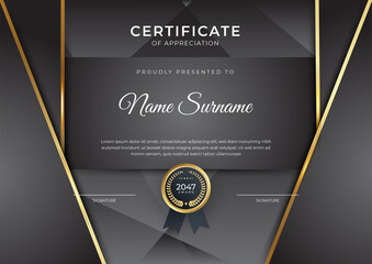 Modern business black white and gold certificate of achievement template with gold badge and border