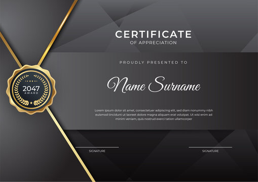 Modern business black white and gold certificate of achievement template with gold badge and border