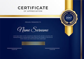 Elegant blue and gold diploma certificate template with gold badge and border - obrazy, fototapety, plakaty
