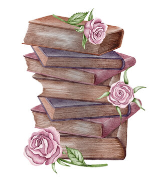 Watercolor vintage composition with old stack of closed books in different colors with meadow dried flowers isolated on white. Hand drawn illustration.