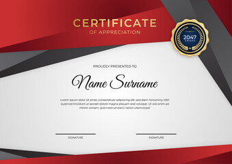 Modern business red and gold certificate of achievement template with gold badge and border