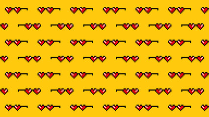 Hearts pixel sunglasses seamless pattern on yellow