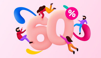 Mega sale. 60 percent discount. Special offer background with flying people. Promotion poster or banner.