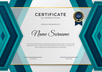 Modern blue business certificate template background with gold badge and border