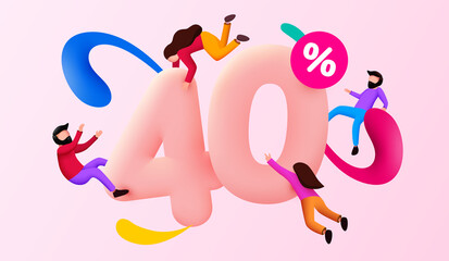 Mega sale. 40 percent discount. Special offer background with flying people. Promotion poster or banner.