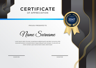 Modern business black white and gold certificate of achievement template with gold badge and border