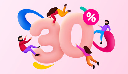 Mega sale. 30 percent discount. Special offer background with flying people. Promotion poster or banner.