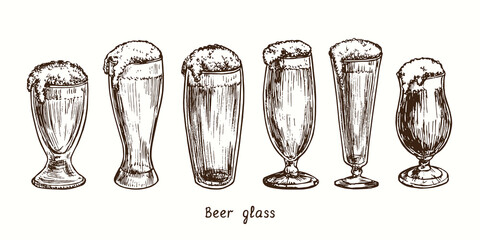 Beer glass types, schooner, weizen, Willi Becher (willybecher), pilstulpe, pilsner and stemmed pokal. Ink black and white doodle drawing in woodcut style.