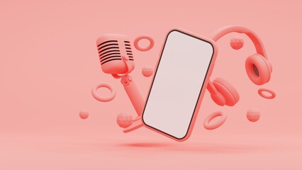 3D illustration, Retro Microphone and Headphone and Smart Phone on pink background