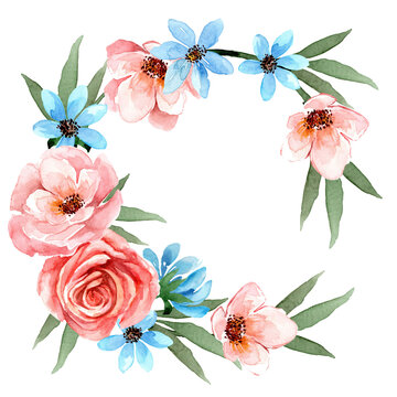 Round, festive frame of decorative flowers. Watercolor illustration in high resolution.