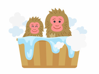 温泉に入る、ニホンザルの親子のイラスト