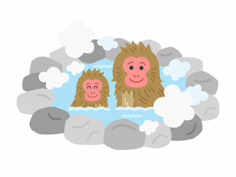 温泉に入る、ニホンザルの親子のイラスト