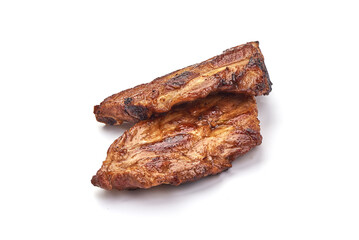 Roasted pork spare ribs in bbq sauce, spicy food, isolated on white background.