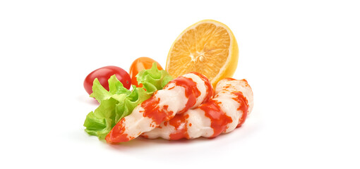Surimi shrimps, Japanese food, isolated on white background.