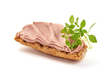 Chicken liver pate sandwich, isolated on white background.