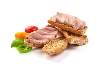 Liver pate sandwich, isolated on white background.