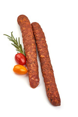 Hungarian dried sausage, spicy sausages, isolated on white background.