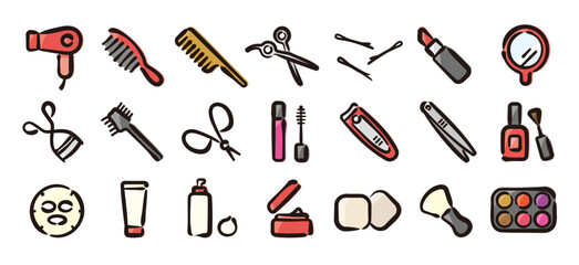 Beauty cosmetics icon set for graphic (Hand-drawn line, colored version)
