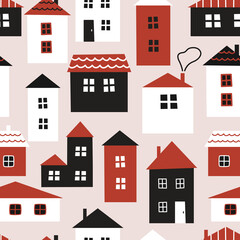 Seamless vector pattern with cute hand drawn scandinavian houses. Background with doodle town. Abstract city texture for textile, wrapping paper and other design