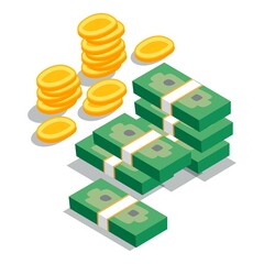 Isometric Coin and Paper Money Currency Symbol and Illustration