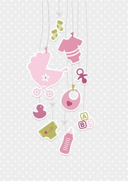 Karte Babysymbole Mädchen Rosa Olivgrün Punkte Grau