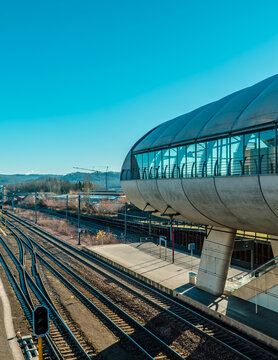 A vertical shot of the futuristic building of Belval University's train station