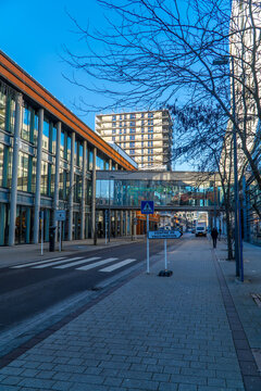 A vertical shot of modern architecture and Belval Plaza shopping center