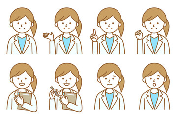 Fototapeta premium 女性 医療 白衣 医者 科学 薬局 研究 人物 イラスト ベクター AI 素材