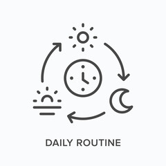 Daily routine flat line icon. Vector outline illustration of sun, moon and sunset. Black thin linear pictogram for everyday activities