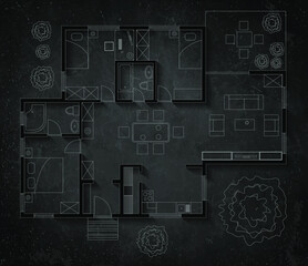 Floor plan of house, on blackboard background with shadows.