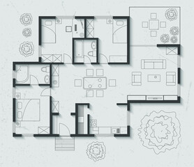 Floor plan of house, on paper background with shadows. - 482854545