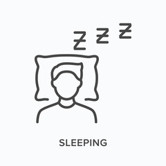 Sleeping flat line icon. Vector outline illustration of person in bed. Black thin linear pictogram for night rest