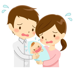 泣いている赤ちゃんに焦る父親と母親、パパとママ