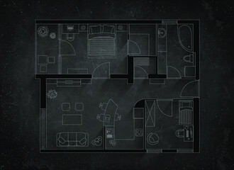 Floor plan of house, on blackboard background with shadows.