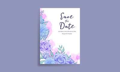 Watercolor blue rose flower wedding invitation template