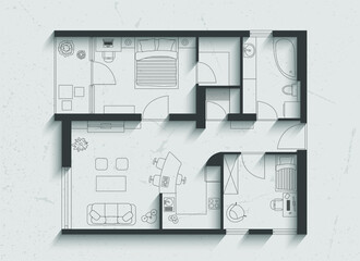 Floor plan of house, on paper background with shadows.